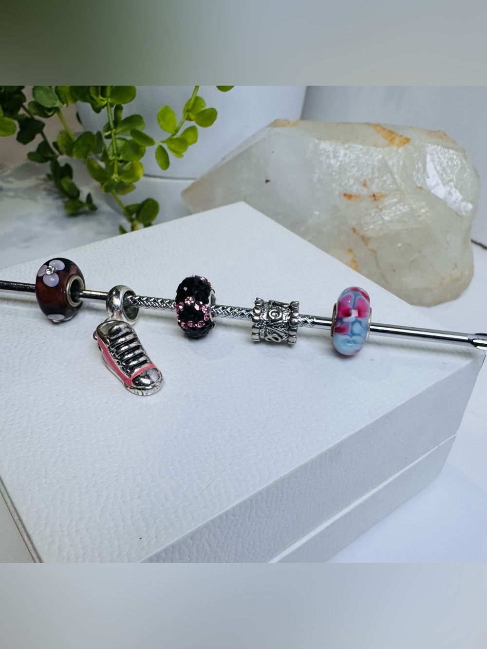 Set of 5 Charms. Pink Purple and Silver Theme, Rhinestone, Floral, Dangle